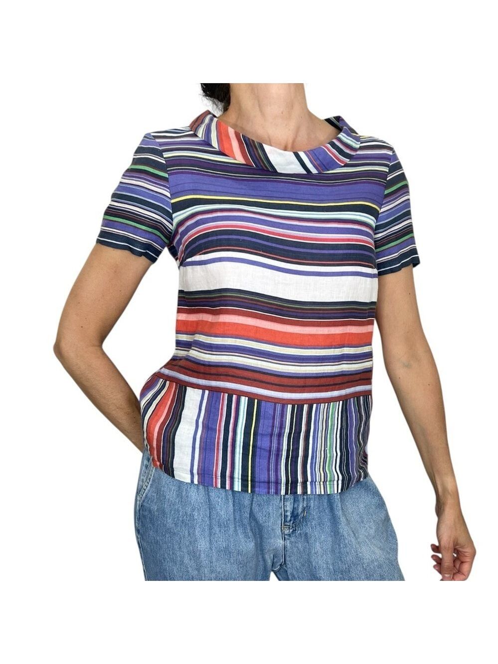 KOAN Italy 100% linen purple multi colour striped short sleeve top EU 42